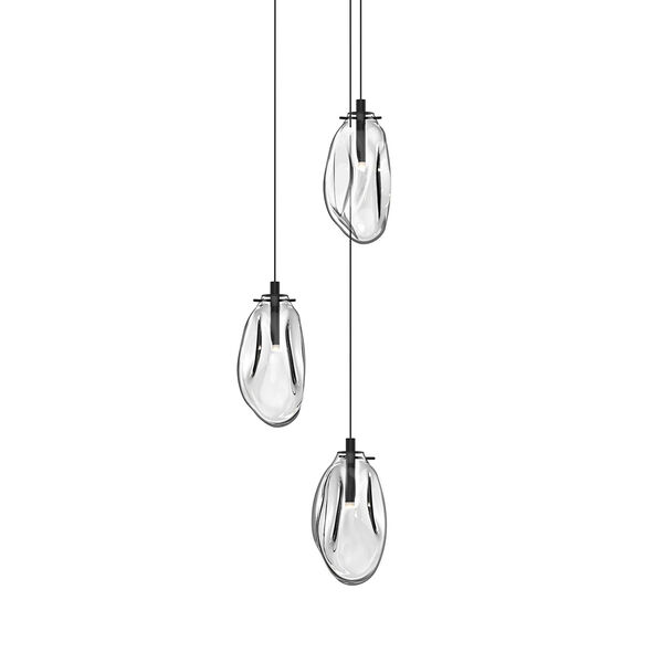 Liquid Satin Black Three-Light LED Cluster Pendant with Clear Glass Shade, image 1