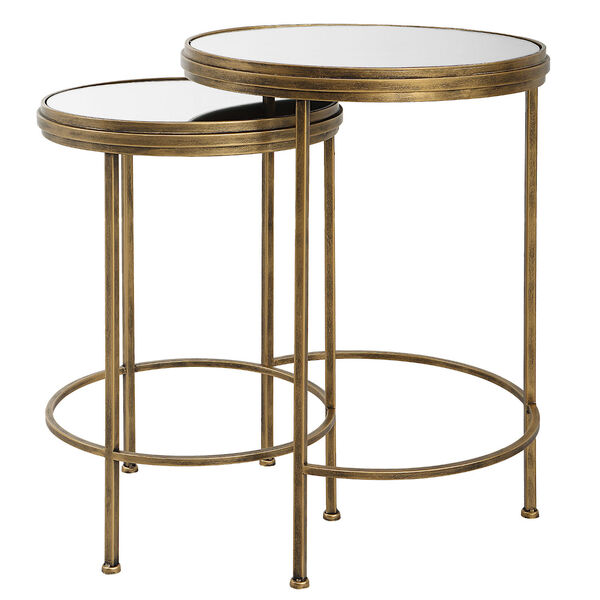 Vivian Antique Brushed Gold Mirrored Nesting Accent Tables, Set of 2, image 1
