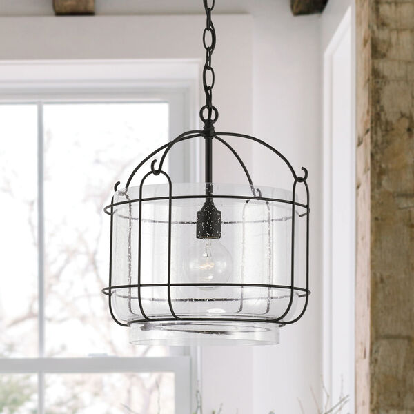 Harmon Matte Black One-Light Pendant with Wide Clear Seeded Glass and Outer Cage, image 2