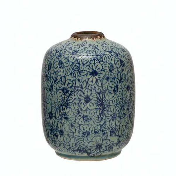 Distressed Blue Floral Pattern Terra-Cotta Vase, image 1