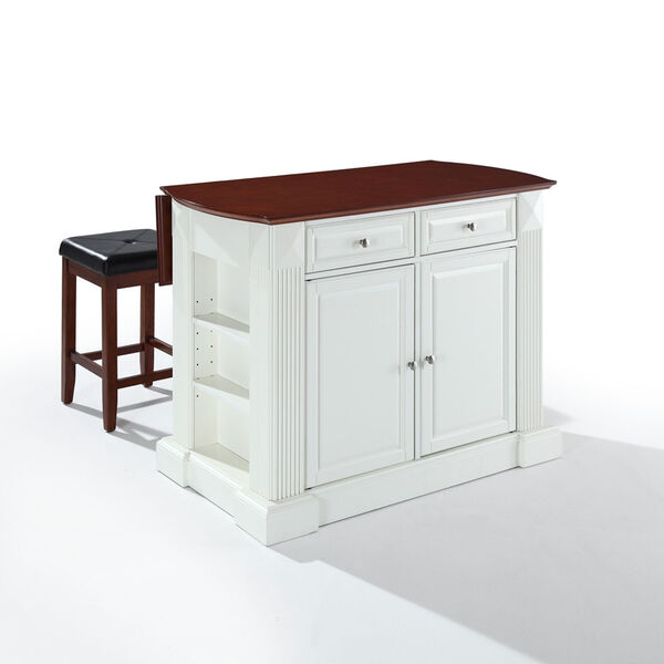 Drop Leaf Breakfast Bar Top Kitchen Island in White Finish with 24-Inch Cherry Upholstered Square Seat Stools, image 2