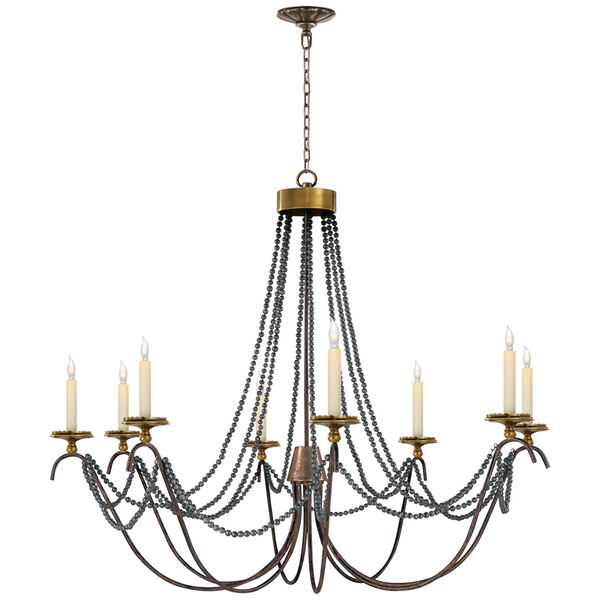 Marigot Large Chandelier in Rust and Antique-Burnished Brass with Tudor Brown Beaded Trim by Chapman and Myers, image 1
