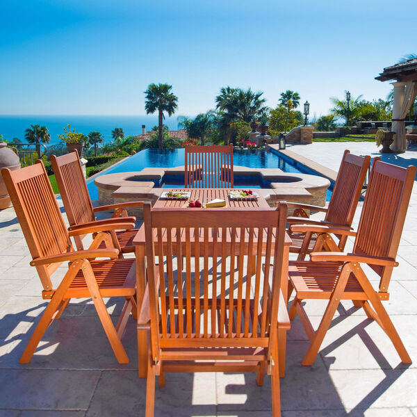 Malibu Outdoor 7-piece Wood Patio Dining Set with Reclining Chairs, image 2