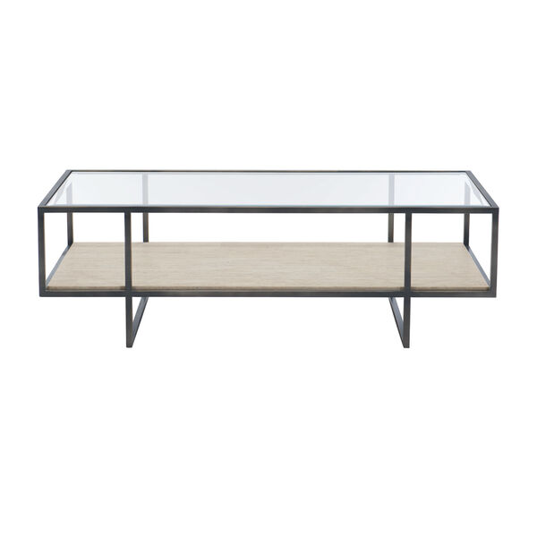 Freestanding Occasional Bronze, White Travertine Stone and Clear 54-Inch Cocktail Table, image 2