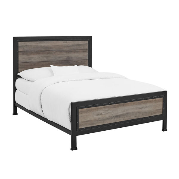 Queen Size Industrial Wood and Metal Bed - Grey Wash, image 9