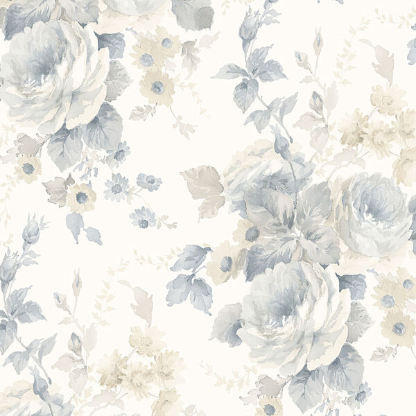 La Rosa Blue, Beige and White Floral Wallpaper - SAMPLE SWATCH ONLY, image 1