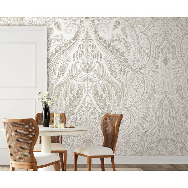 Damask Resource Library Beige and White 108 In. x 134 In. Jaipur Paisley Wallpaper Mural, image 1