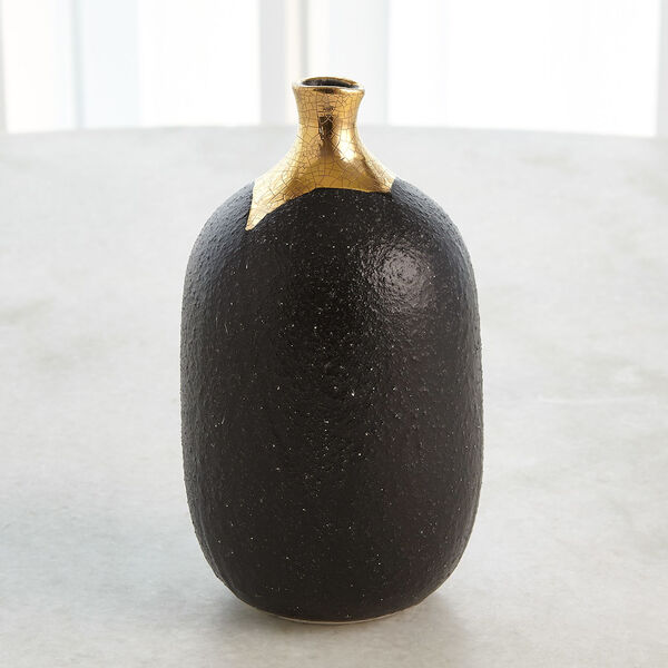 Black and Gold Crackle Small Cylinder Vase, image 1