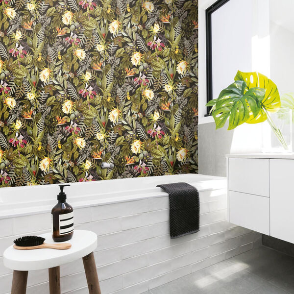 Tropical Flower Black, Green And Yellow Peel And Stick Wallpaper – SAMPLE SWATCH ONLY, image 2
