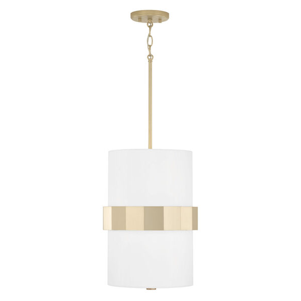 Sutton Soft Gold Two-Light Drum Pendant with White Fabric Shade and Frosted Glass Diffuser, image 1