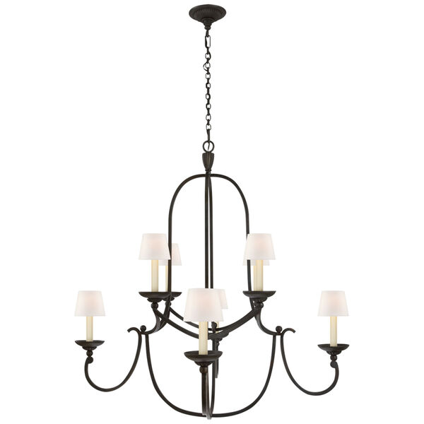 Flemish Medium Round Chandelier in Aged Iron with Linen Shades by Chapman and Myers, image 1
