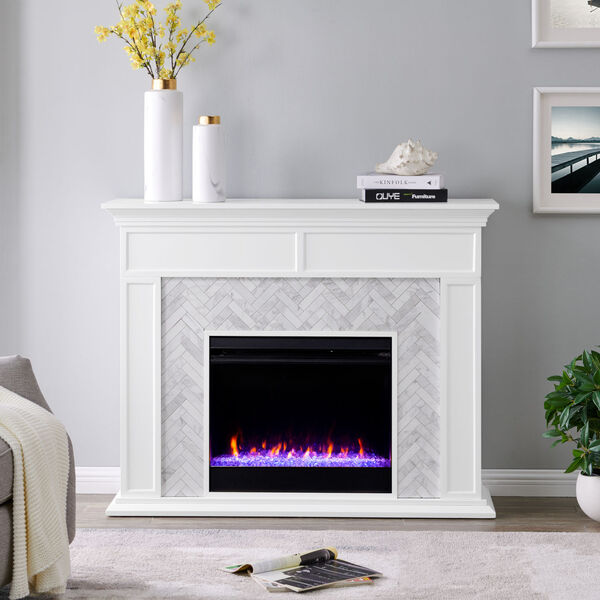 Torlington White Color Changing Marble-Tiled Electric Fireplace, image 1