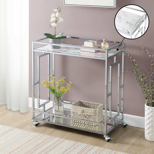 Town Square White Marble Mirror Chrome Marble Mirrored Bar Cart with Shelf, image 5
