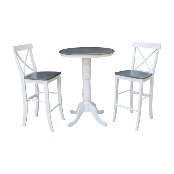 White and Heather Gray 30-Inch Round Pedestal Bar Height Table With X-Back Bar Height Stools, Three-Piece, image 1