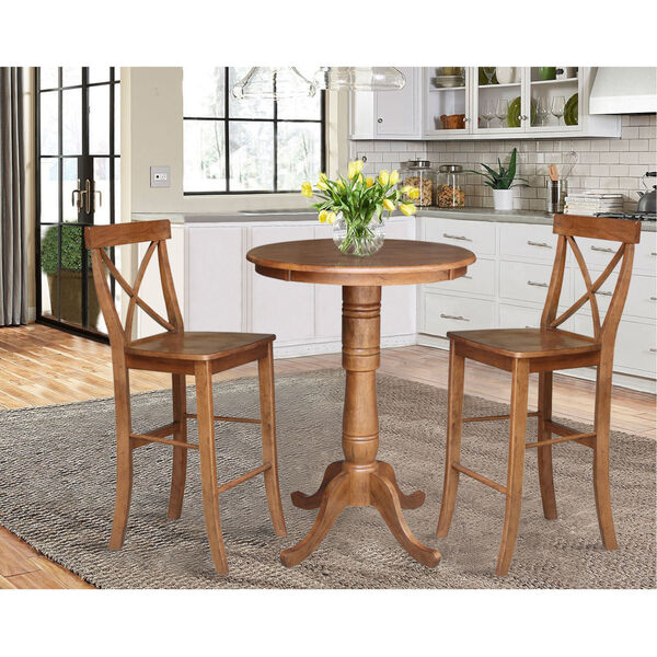 Distressed Oak 30-Inch Round Top Pedestal Bar Height Table with Two X-Back Stool, Set of Three, image 1