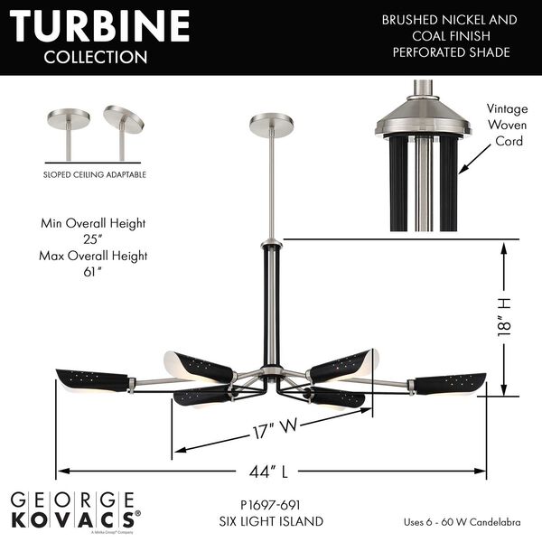Turbine Coal and Brushed Nickel Six-Light Pendant, image 2