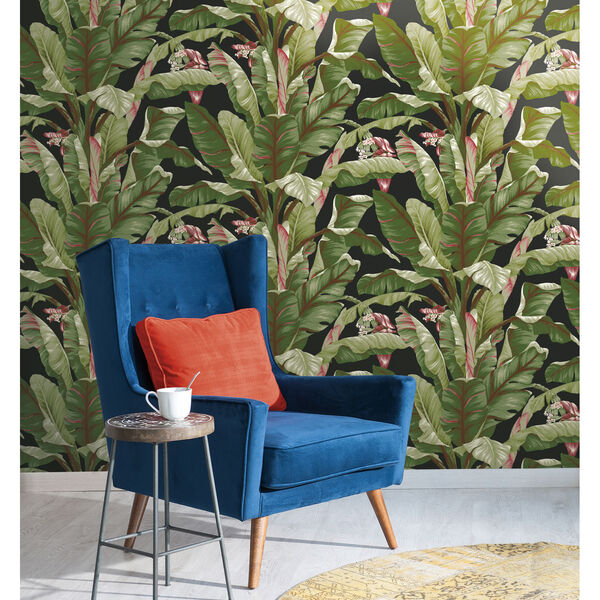 Ashford House Tropics Black and Green Banana Leaf Wallpaper, image 2