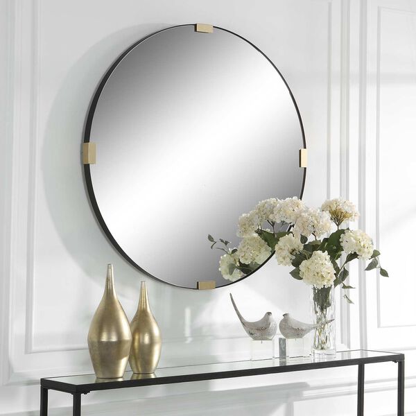 Clip Satin Black and Antique Gold Modern Round Wall Mirror, image 3