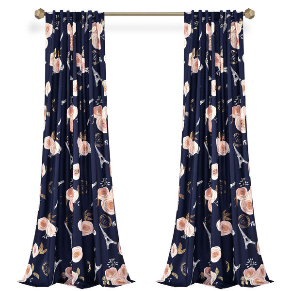 Vintage Paris Navy and White 52 x 84 In. Rose Butterfly Script Window Curtain Panel, Set of 2, image 6