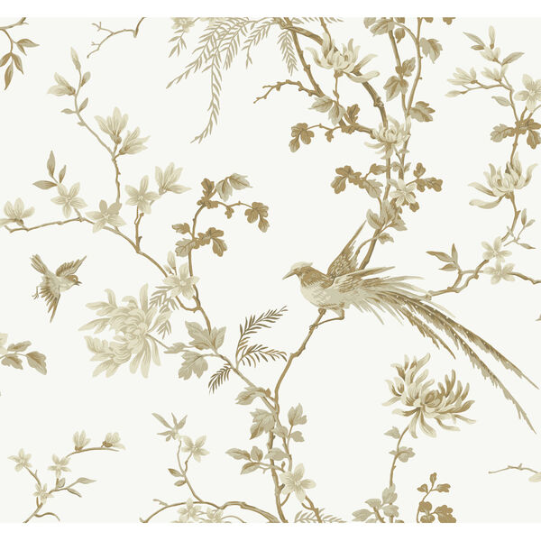 Ronald Redding 24 Karat White and Gold Bird And Blossom Chinoserie Wallpaper, image 2