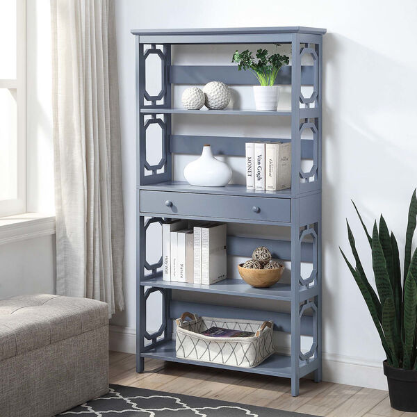Omega Gray 5 Tier Bookcase with Drawer, image 1