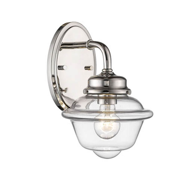 Neo-Industrial Polished Nickel One-Light Wall Sconce with Clear Schoolhouse Glass, image 1