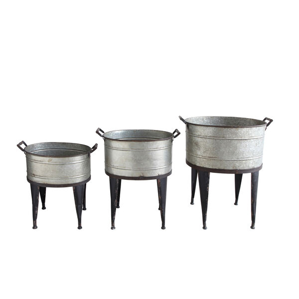 Metal Buckets/Planters with Handles on Stand, Set of Three, image 1