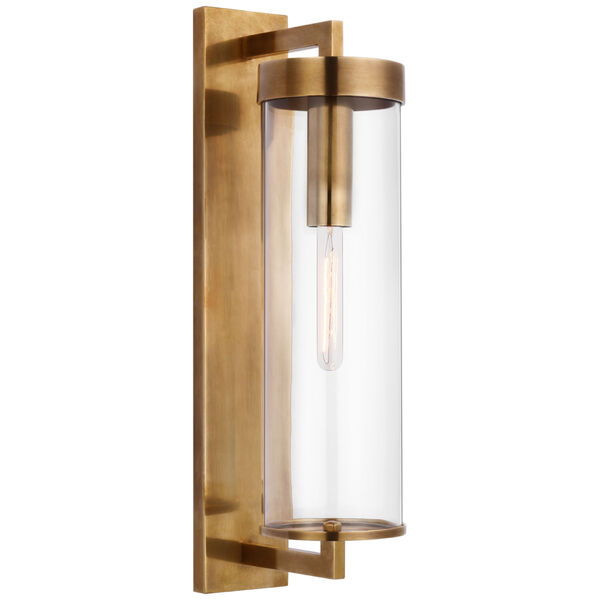 Liaison Large Bracketed Outdoor Wall Sconce in Antique-Burnished Brass with Clear Glass by Kelly Wearstler, image 1