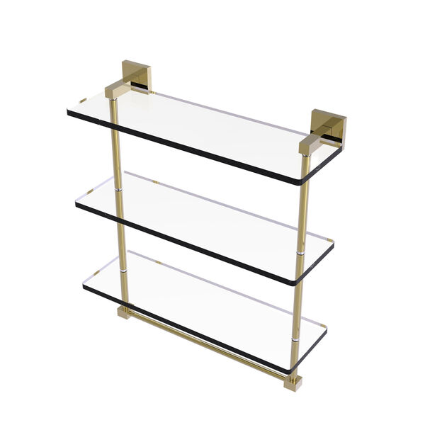 Montero Unlacquered Brass 16-Inch Triple Tiered Glass Shelf with Integrated Towel Bar, image 1