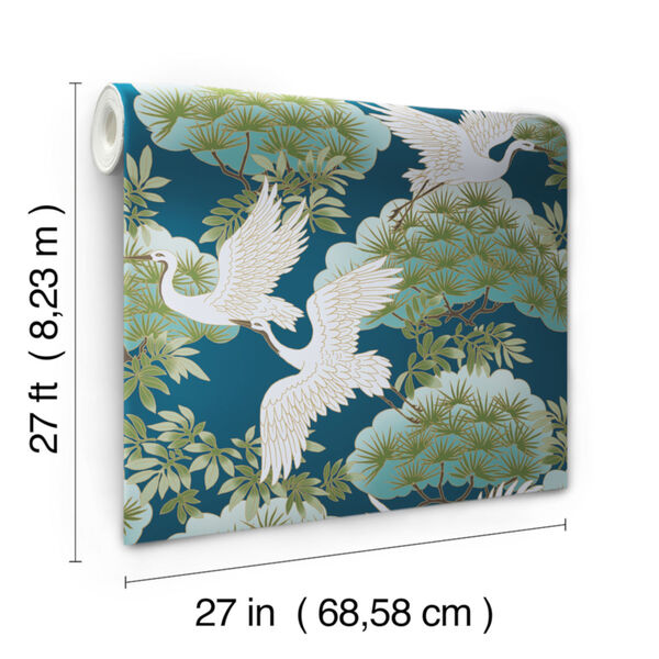 Ronald Redding Tea Garden Blue Sprig and Heron Wallpaper, image 3