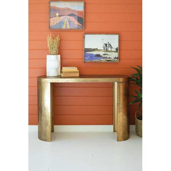 Rattan Wood Oval Antique Brass Console Table, image 1