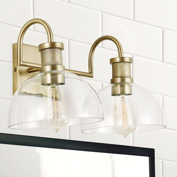 Aged Brass Two-Light Bath Vanity with Clear Glass, image 2
