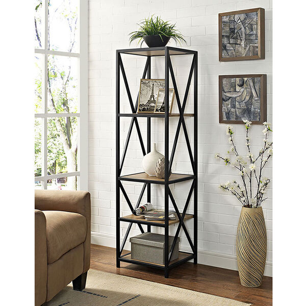 61-Inch Tall X-Frame Metal and Wood Media Bookshelf - Barn wood, image 1
