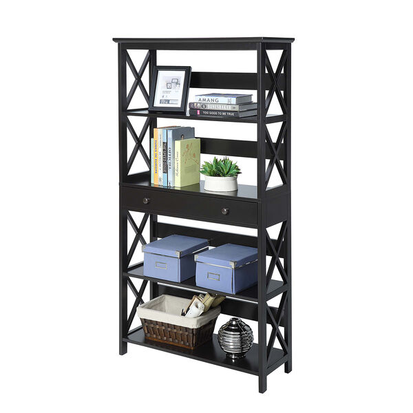 Oxford 5-Tier Bookcase with Drawer, Black, image 3