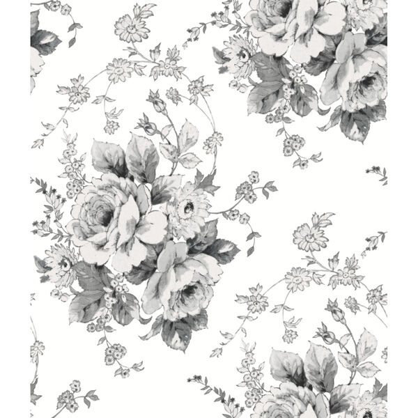 Simply Farmhouse White and Gray Heritage Rose Wallpaper, image 2