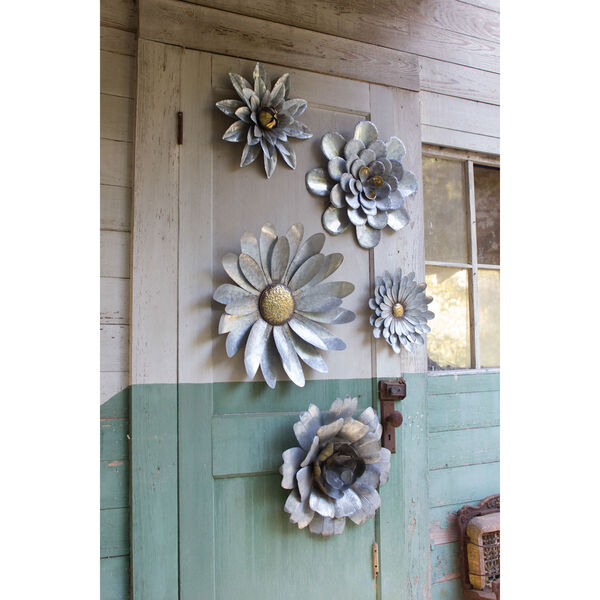 Galvanized Metal Flower Wall Hangings, Set of Five, image 1