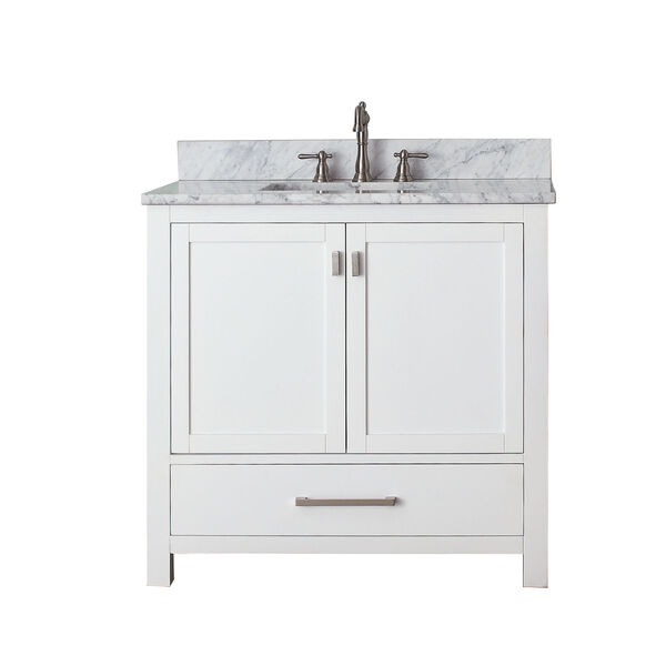 Modero White 36-Inch Sink Vanity with Carrera White Marble Top, image 1