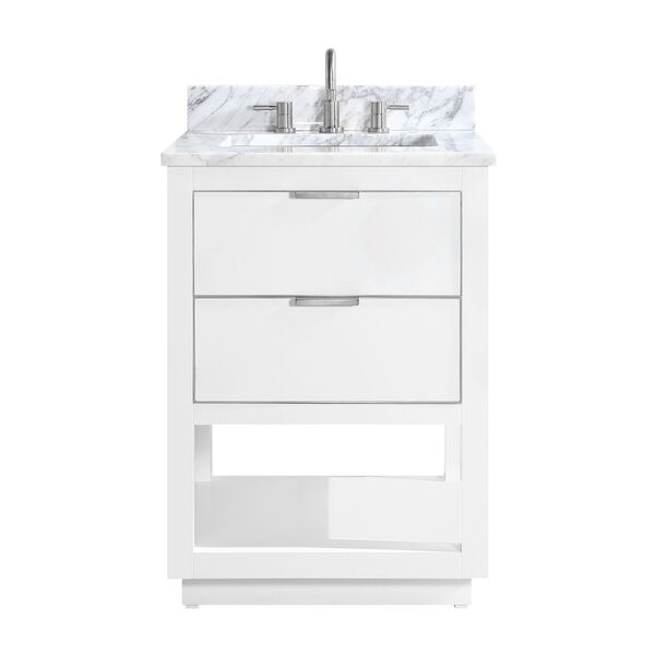 White 25-Inch Bath vanity with Silver Trim and Carrara White Marble Top, image 1