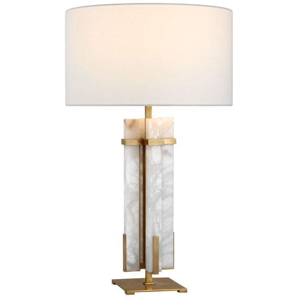 Malik Large Table Lamp in Hand-Rubbed Antique Brass and Alabaster with Linen Shade by Ian K. Fowler, image 1