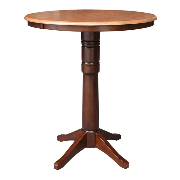 Cinnamon and Espresso Round Pedestal Bar Height Table with 12-Inch Leaf, image 1