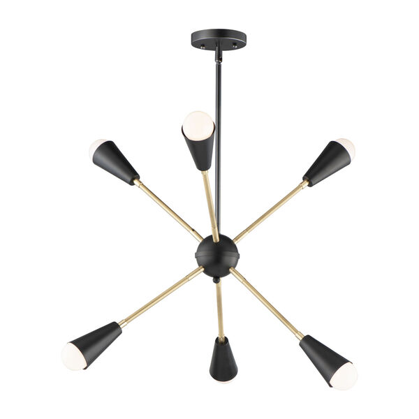 Lovell Black and Satin Brass Six-Light Pendant with Bulbs, image 1