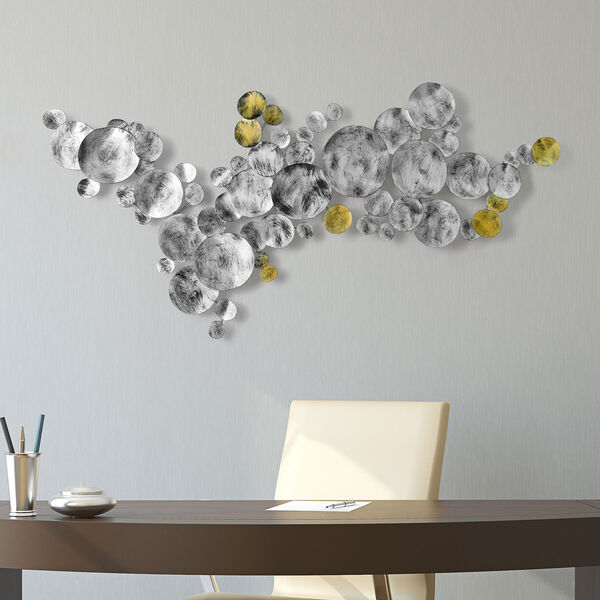 Gold and Silver Flying Discs Hand Painted Etched Metal Wall Sculpture, image 4