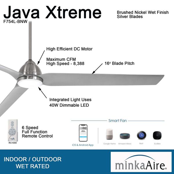 Java Xtreme Brushed Nickel 84-Inch Integrated LED Outdoor Ceiling Fan with Wi-Fi, image 4