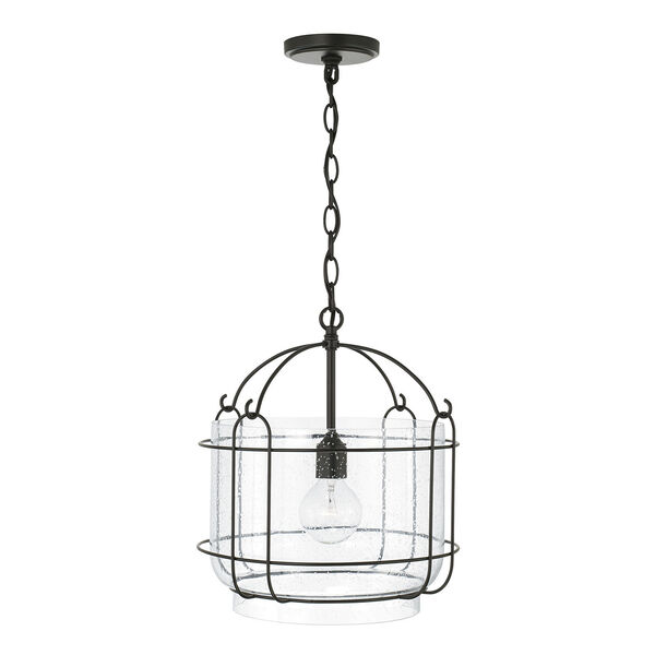 Harmon Matte Black One-Light Pendant with Wide Clear Seeded Glass and Outer Cage, image 3