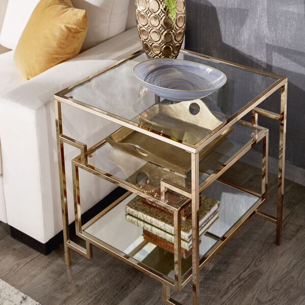 Cade Champagne Gold Side Table with Glass Top and Mirror Bottom, image 6