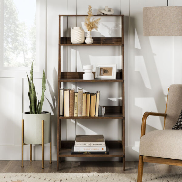 Walnut Wooden Ladder Bookcase with Four Shelves, image 2
