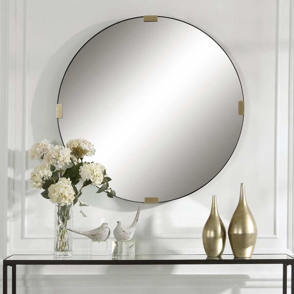 Clip Satin Black and Antique Gold Modern Round Wall Mirror, image 1