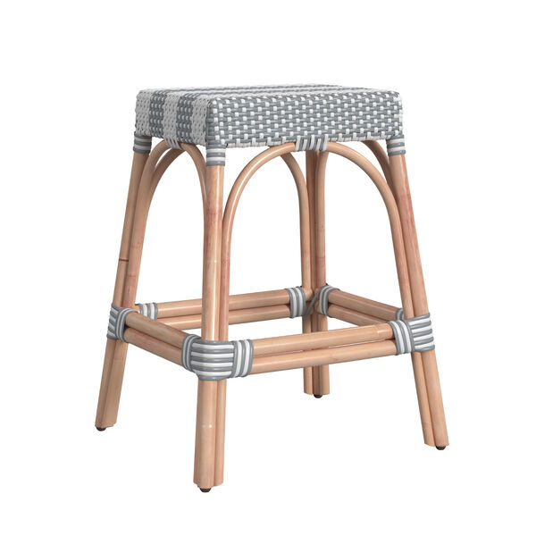 Robias Grey and White Stripe on Natural Rattan Counter Stool, image 2