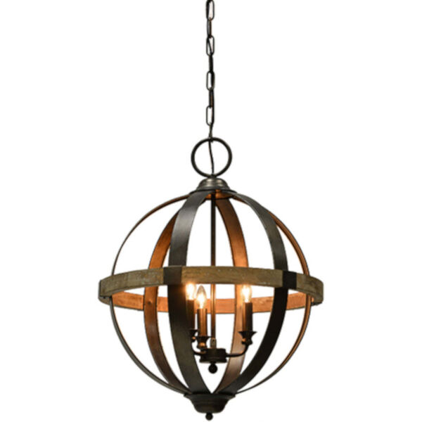 Austin Weathered Pewter and Natural Wood Tone 25-Inch Three-Light Chandelier, image 1