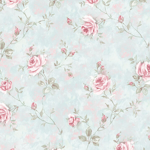 Painted Rose Trail Turquoise and Pink Wallpaper, image 1